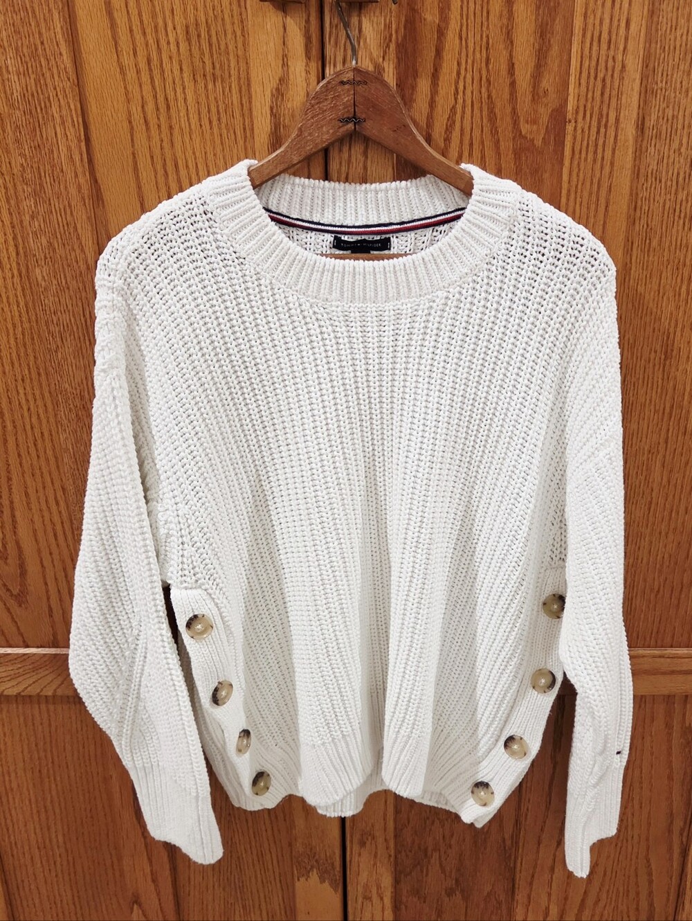 Tommy Hilfiger 100% Cotton Side Button Crewneck Sweater M White
